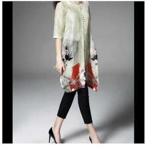 Elenyun Silk Linen Tunic Top Magnolia Floral Art Teacher Chic European Lagenlook
